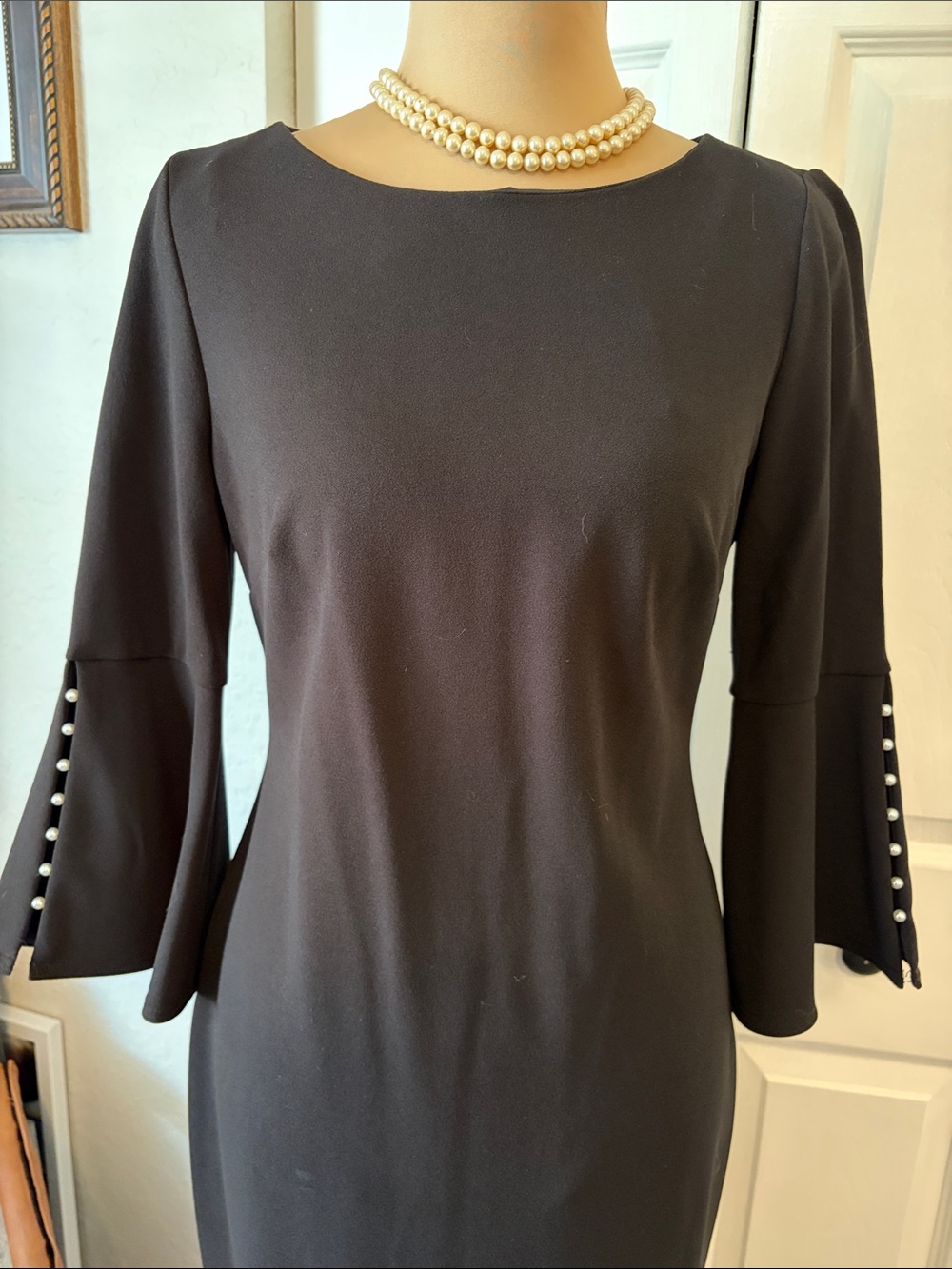 Calvin Klein Black 3/4 sleeve sheath dress with pearl accents on sleeves size 4 - Picture 3 of 6